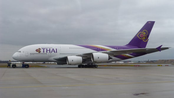 Airbus A380 der Thai Airways am Flughafen in Frankfurt am Main