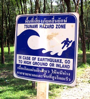 Schild mit Tsunami Warnung