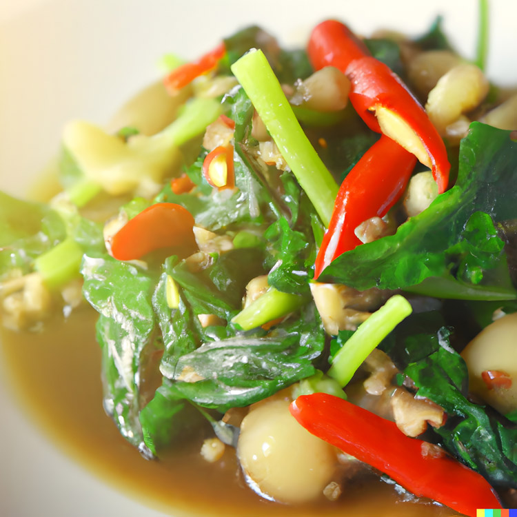 Würziges pannengerührtes buntes Gemüse mit Thai-Basilikum aus dem Wok
